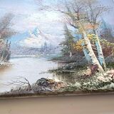 Vintage oil painting – Forest by the lake under a pastel sky