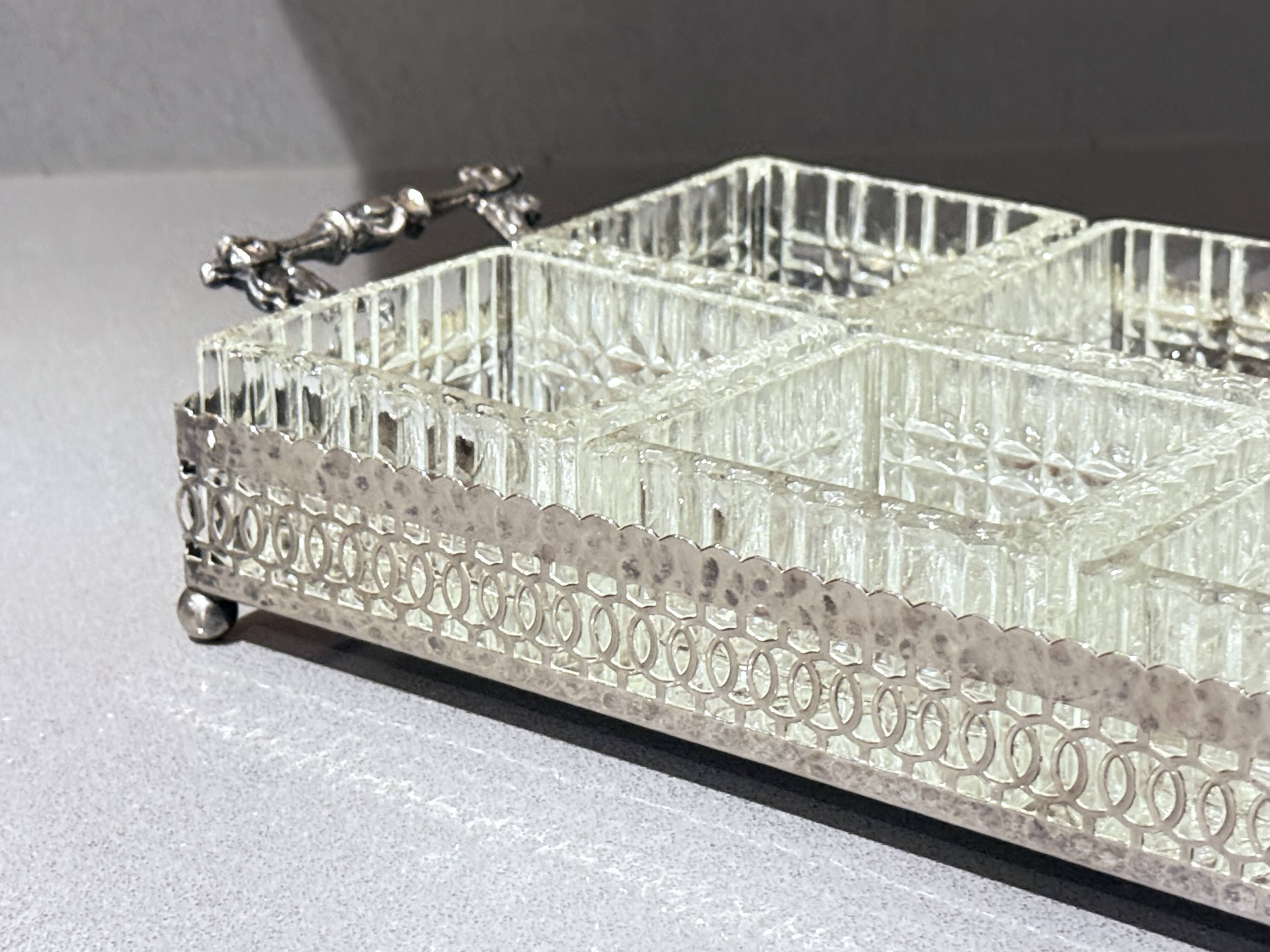 Silver-Plated Tray with Six Cut Glass Dishes, Vintage Entertaining Set