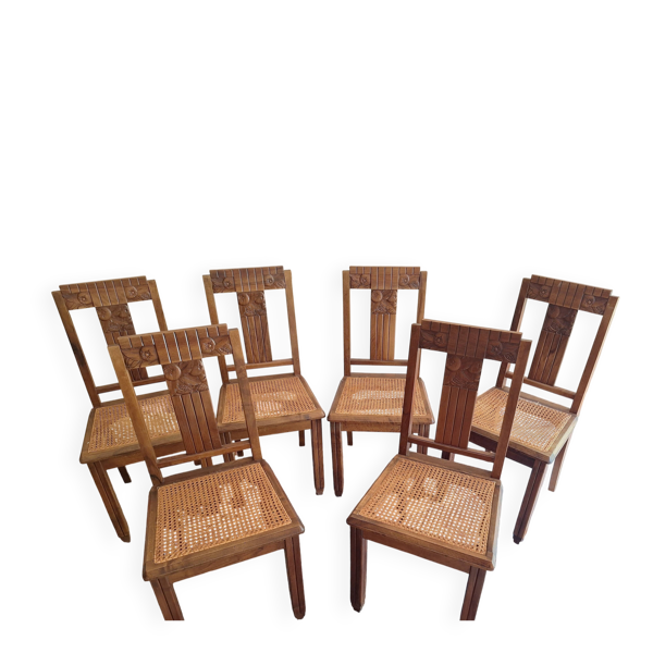 Lot de 6 jolies chaises cannées en noyer massif style Art Deco