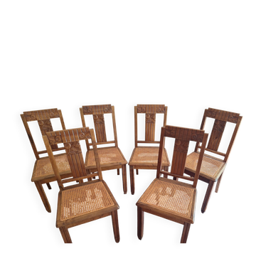 Lot de 6 jolies chaises cannées en noyer massif style Art Deco