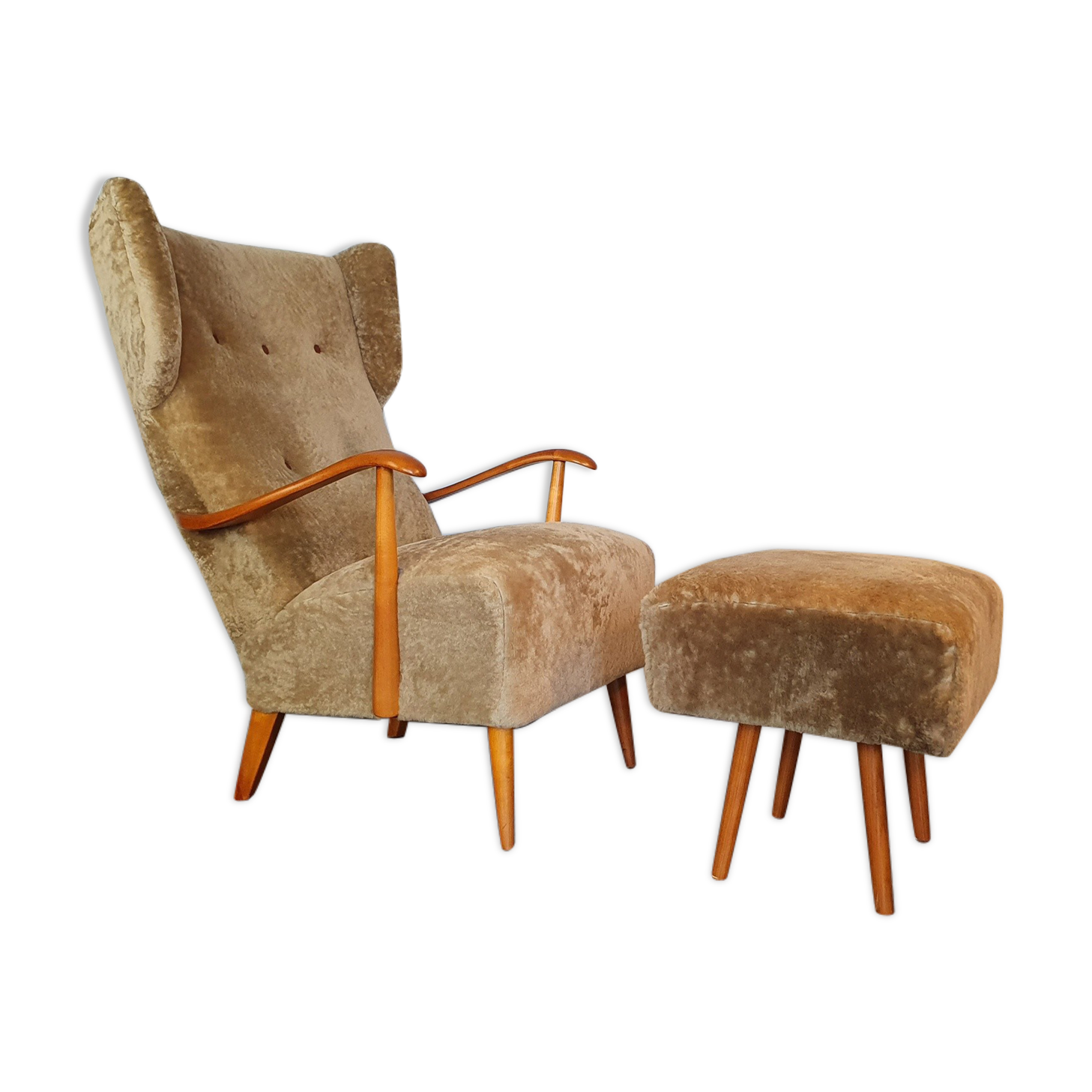 Norwegian sheepskin wing armchair with ottoman 1950