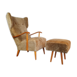 Norwegian sheepskin wing armchair with ottoman 1950