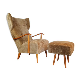 Norwegian sheepskin wing armchair with ottoman 1950