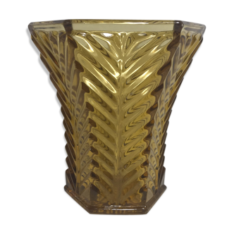 Vase art deco verre moulé hexagonal jaune  vintage