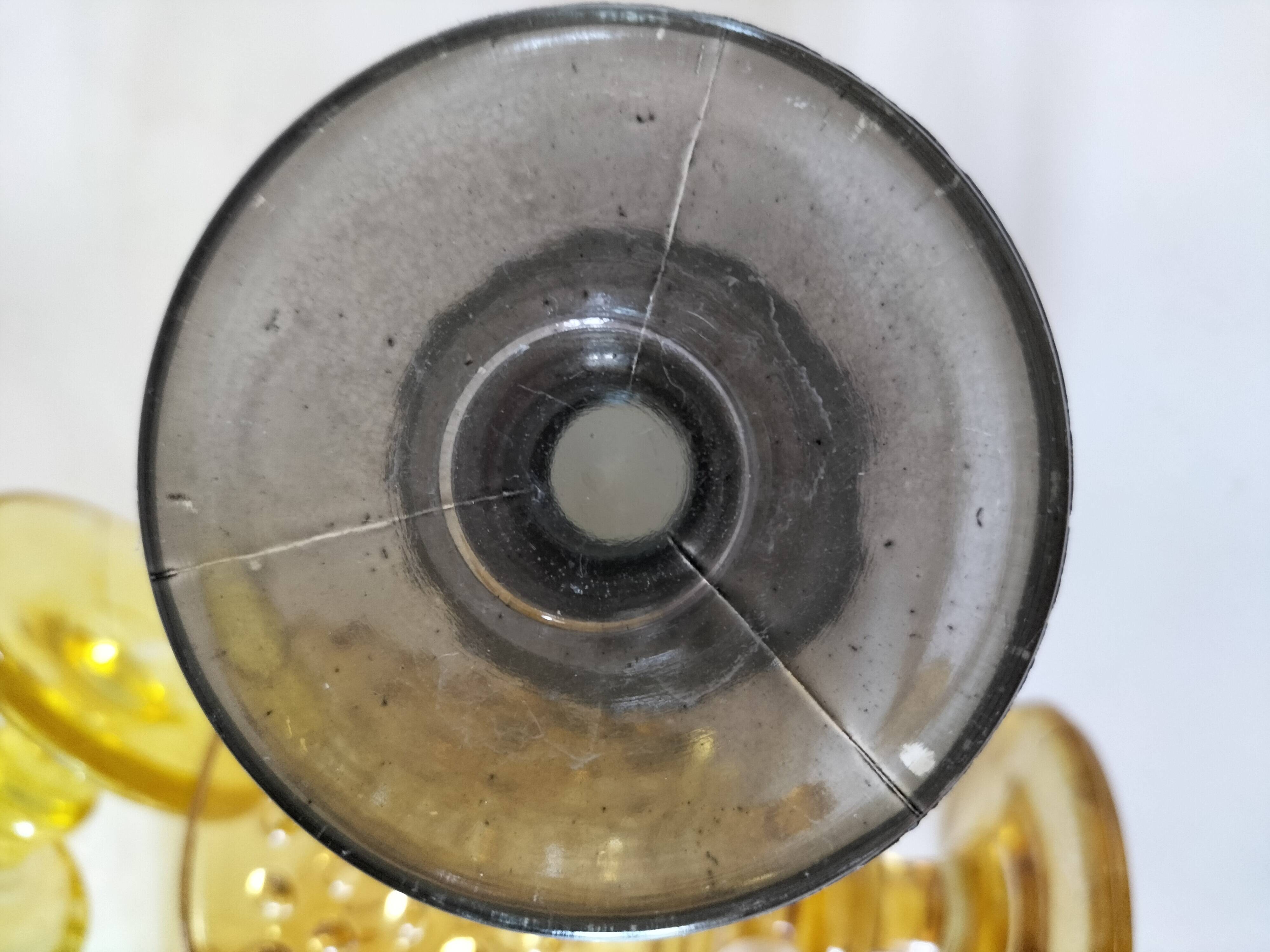 4 vintage stemmed glasses in hobnail glass and smoke colour.