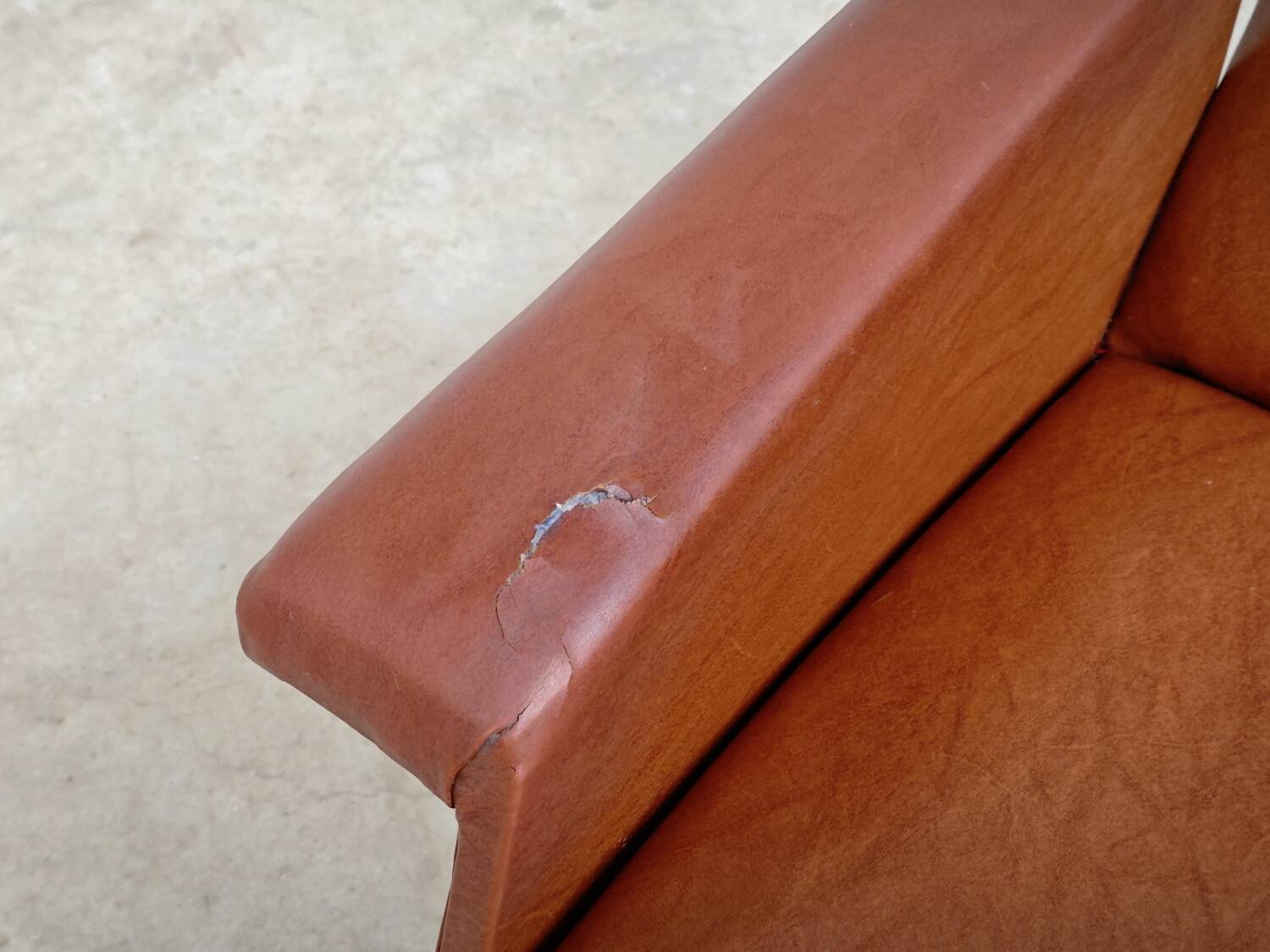 Camel brown imitation leather armchair, France 1960