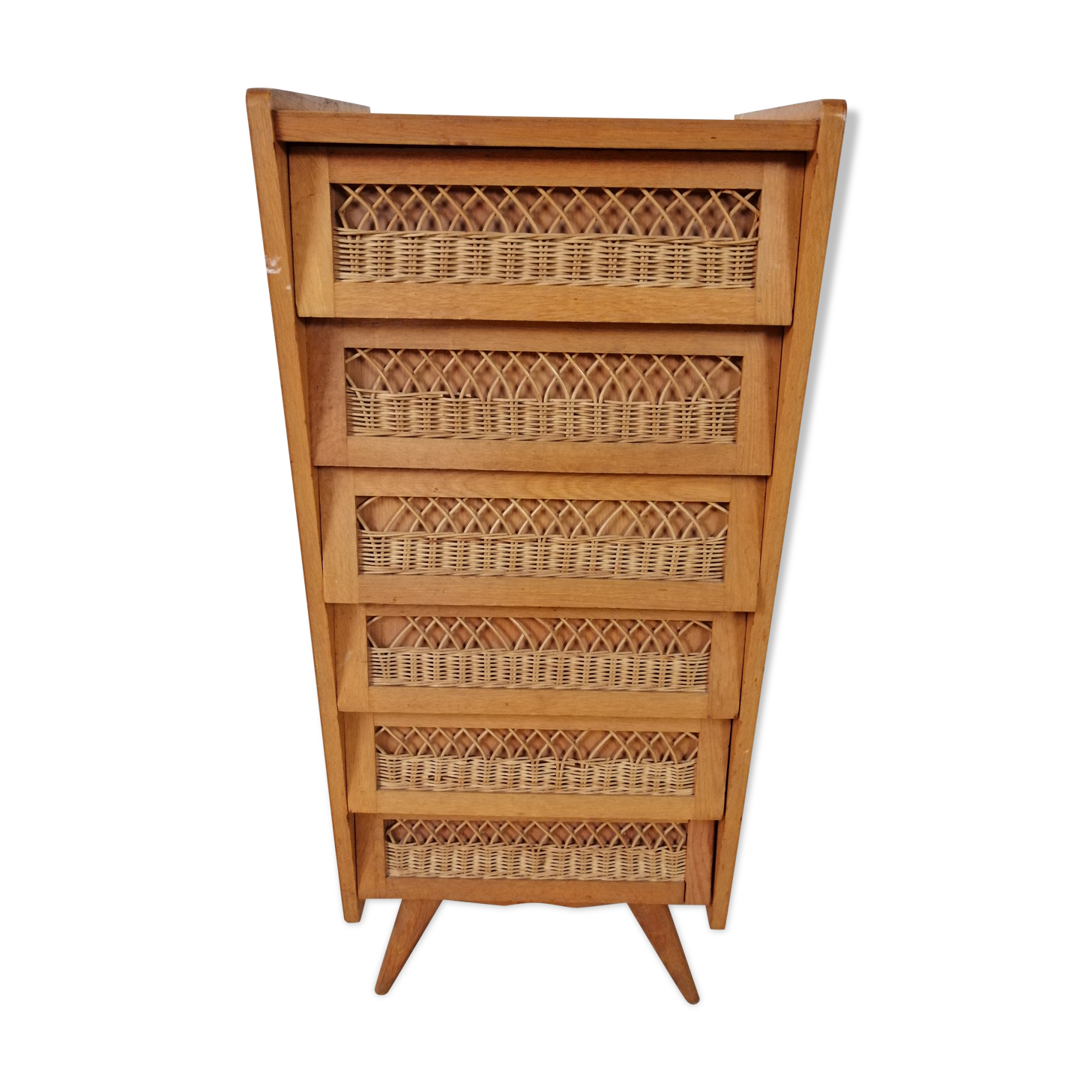 Wooden and rattan chiffonnnier 6 drawers