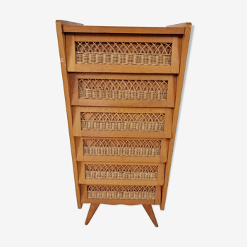 Wooden and rattan chiffonnnier 6 drawers