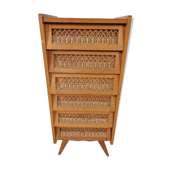 Wooden and rattan chiffonnnier 6 drawers