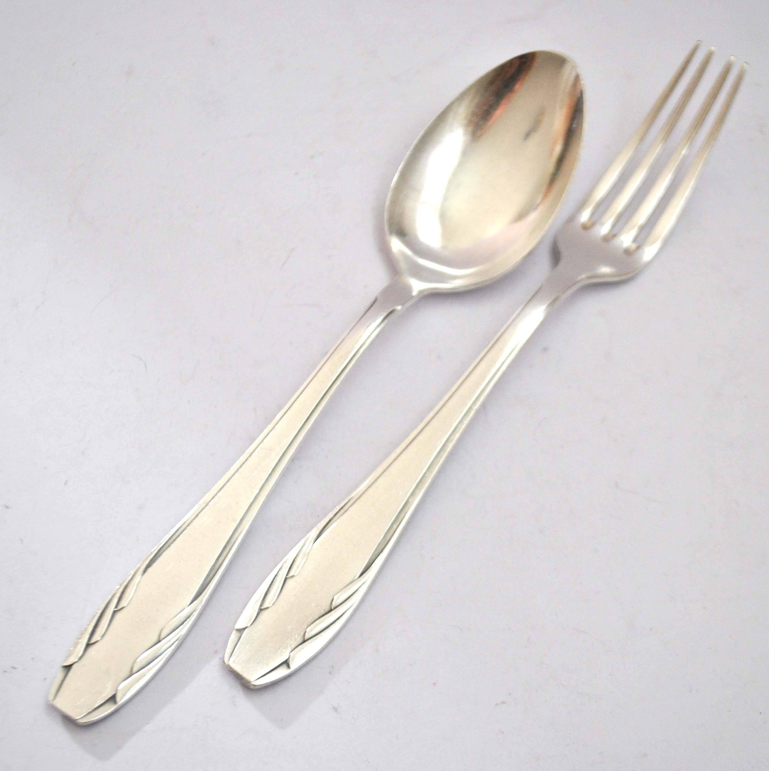 Vintage gulden cutlery in silver metal - fork + modernist spoon 1940/1950