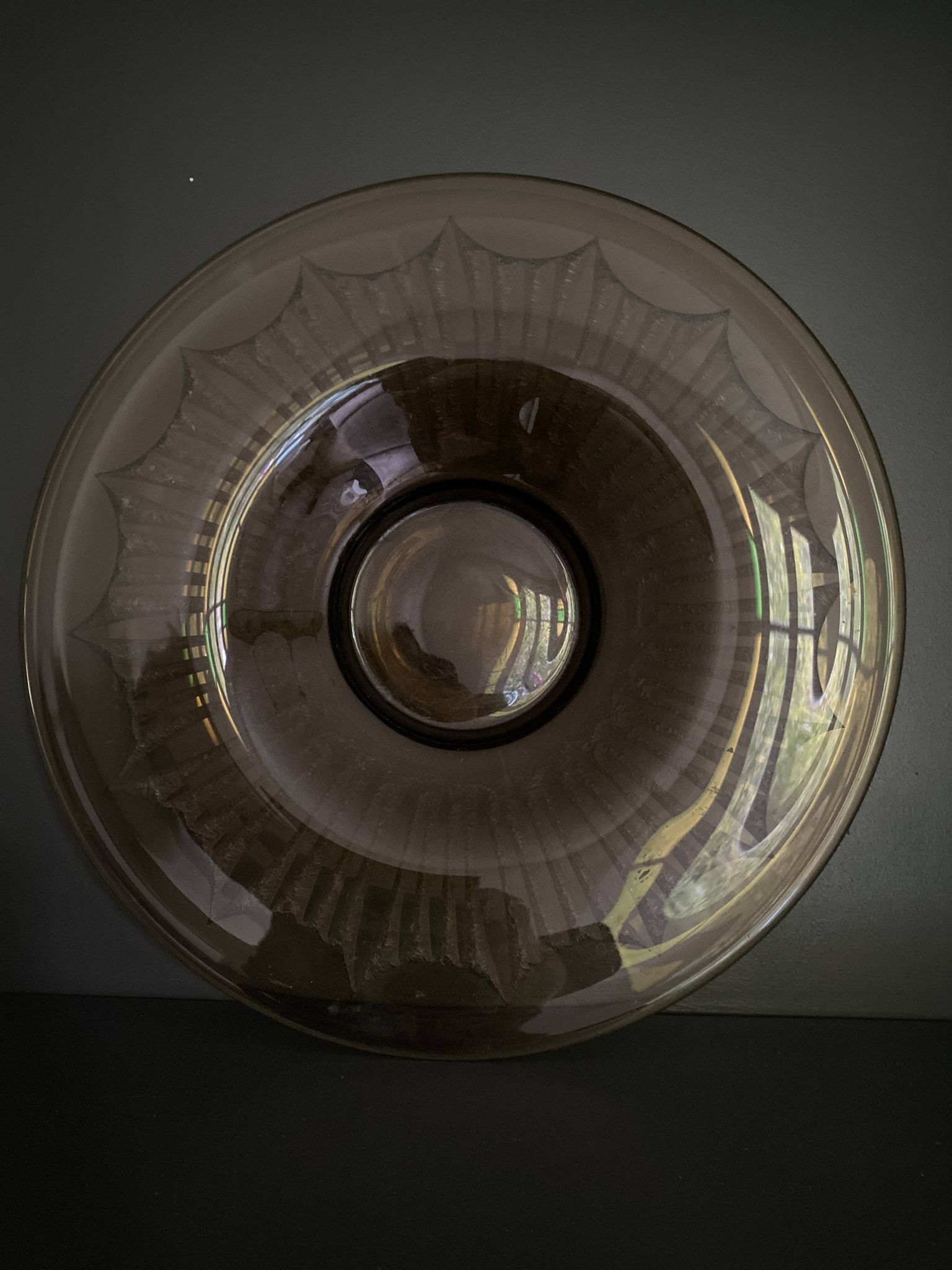 Old Verrex smoked glass fruit bowl, with a radius decoration cut into the glass