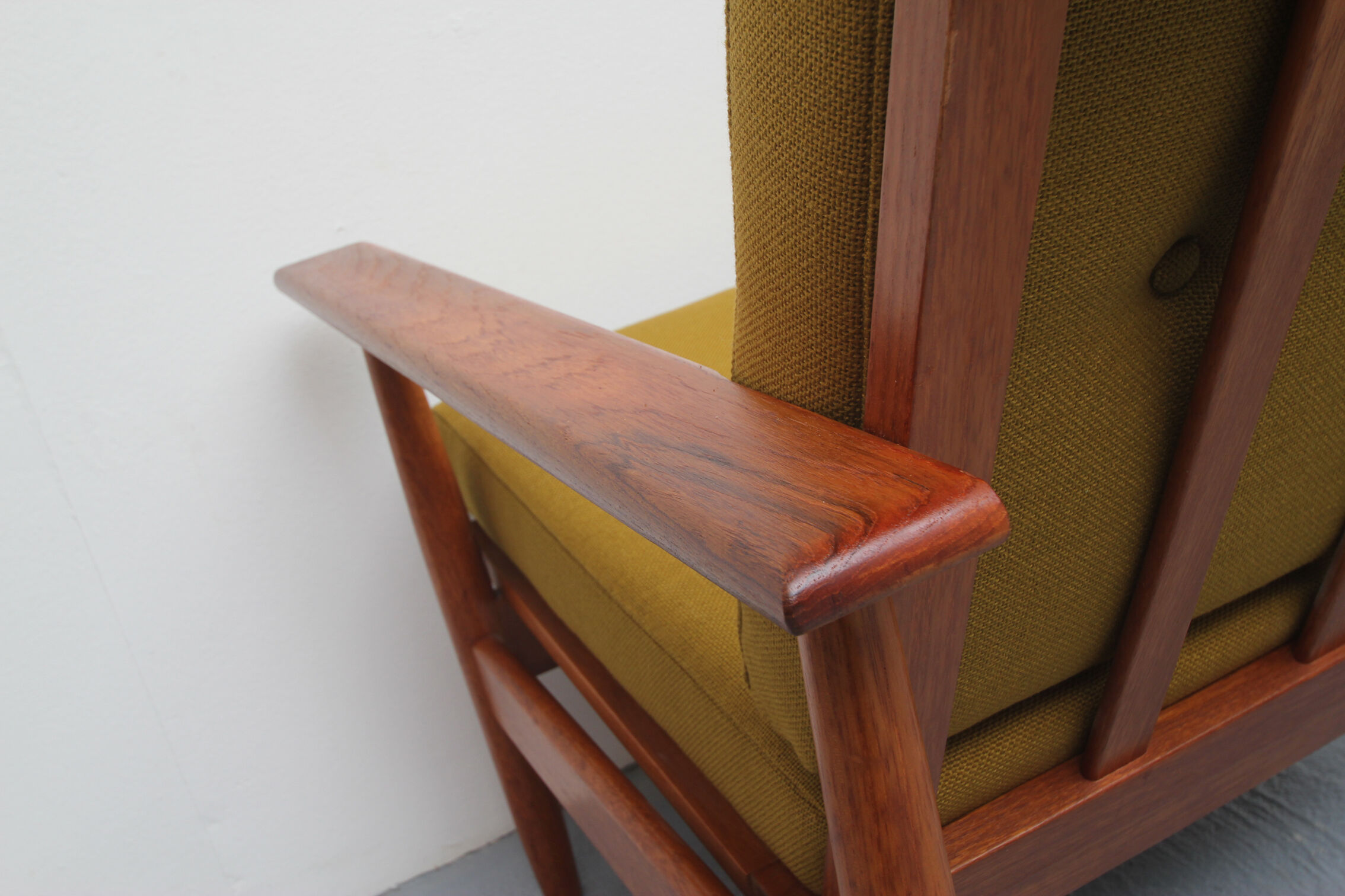 1960s armchair in teak, fabric mustard yellow