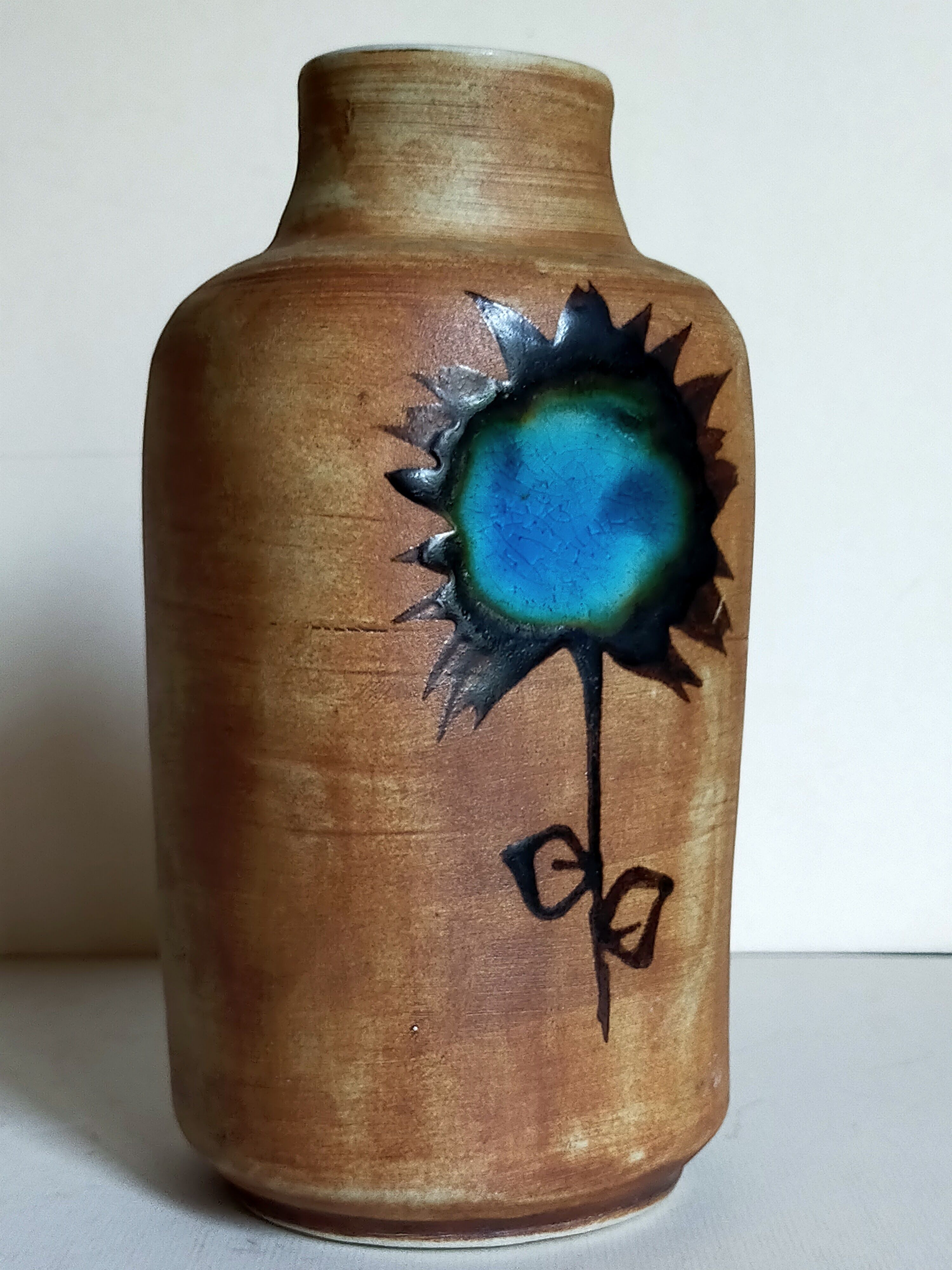 Ceramic vase "Poterie du Colombier" vintage blue sun
