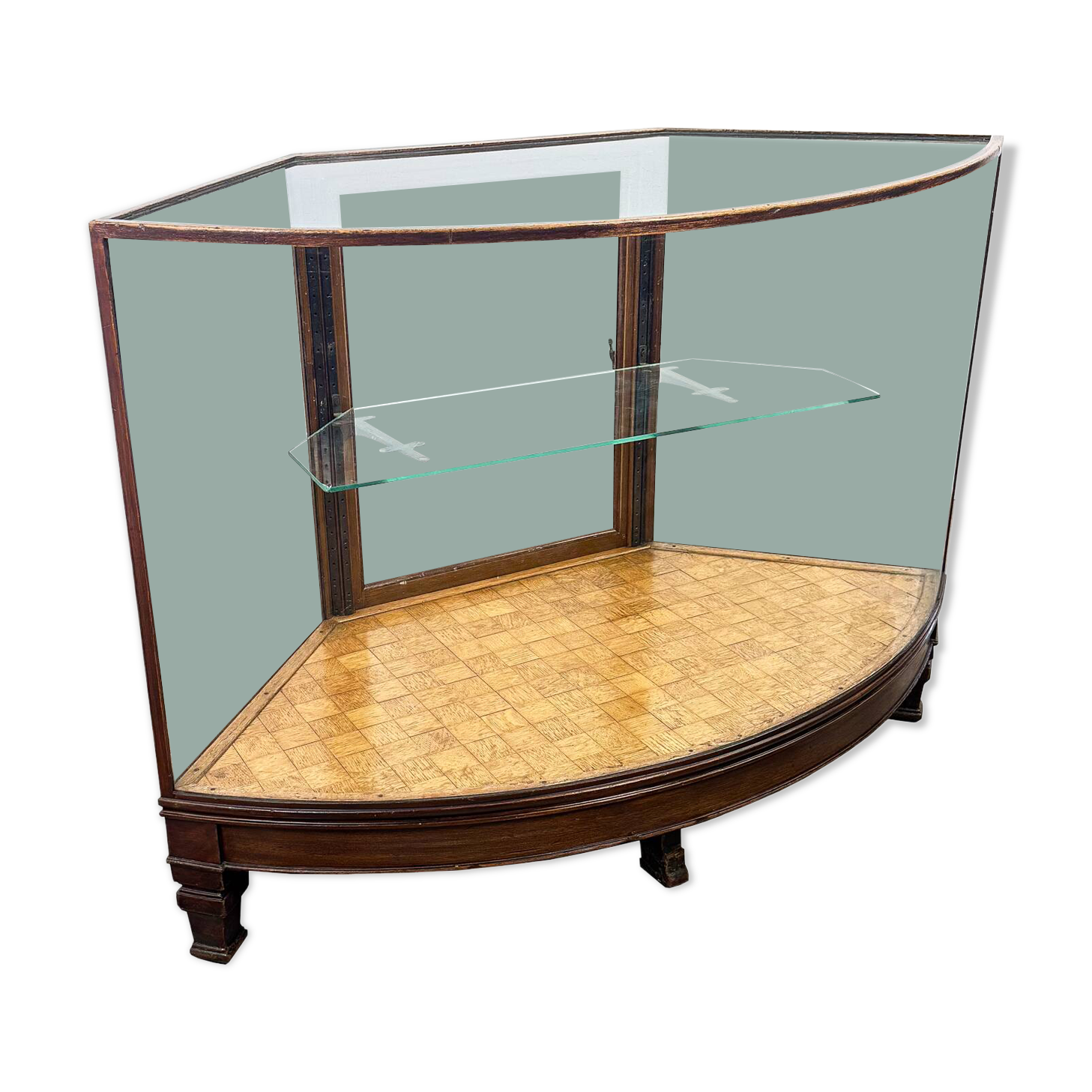 Antique Curved Glass Display Cabinet – Wooden Showcase – Early 20th Century