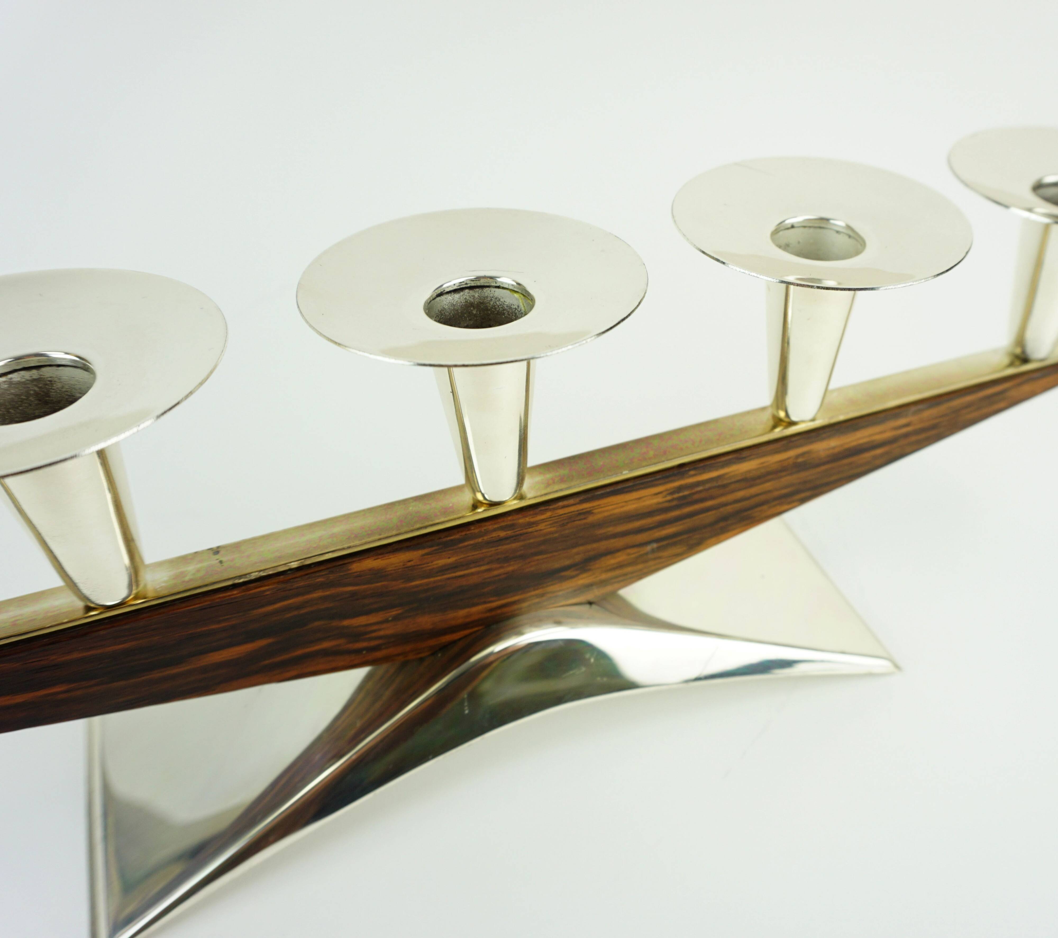 mid century modern CANDLE HOLDER silver-colored metal and wood 1950s 1960s