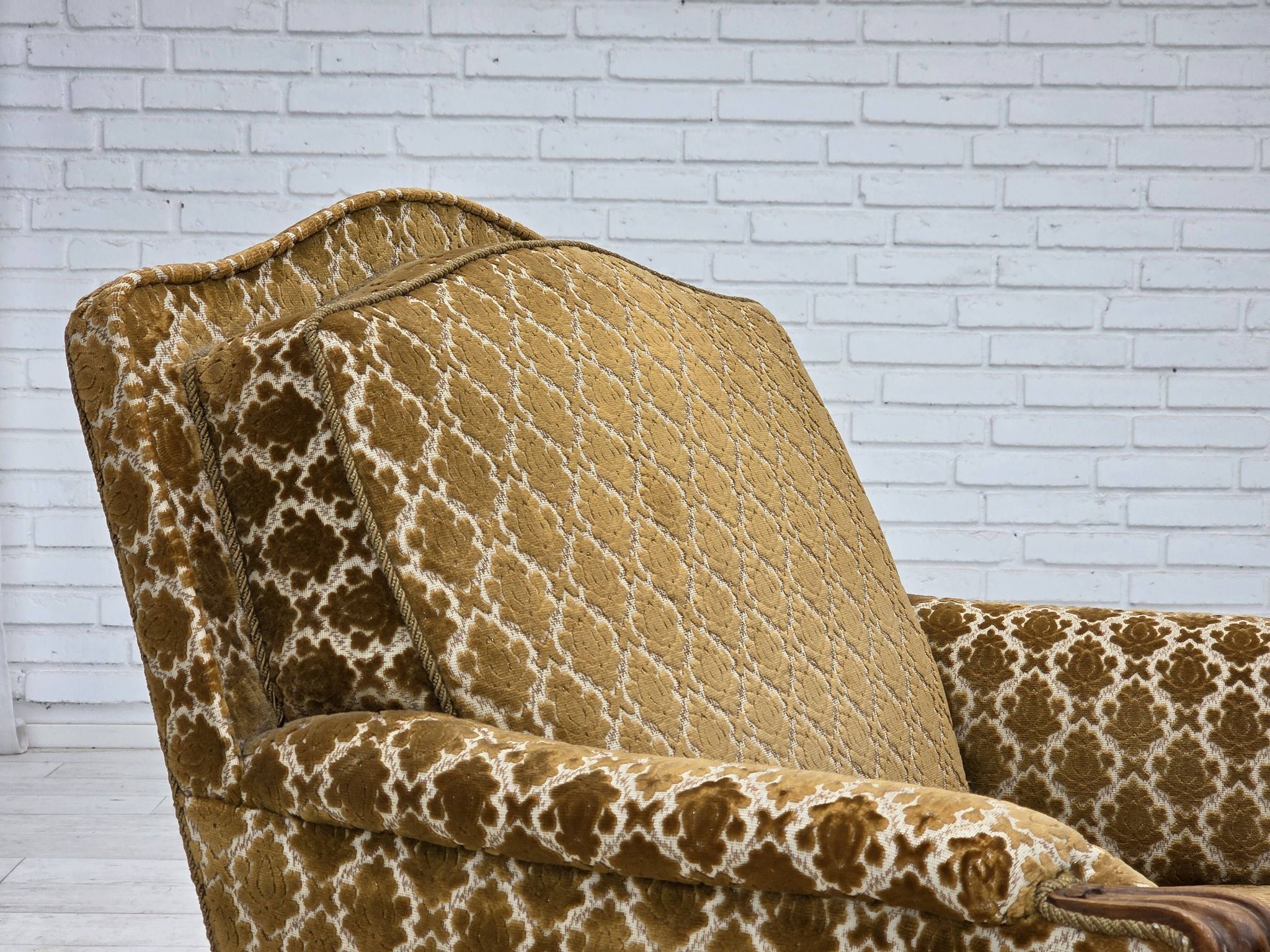 1950s, Danish relax chair, furniture velour, carved ash wood.