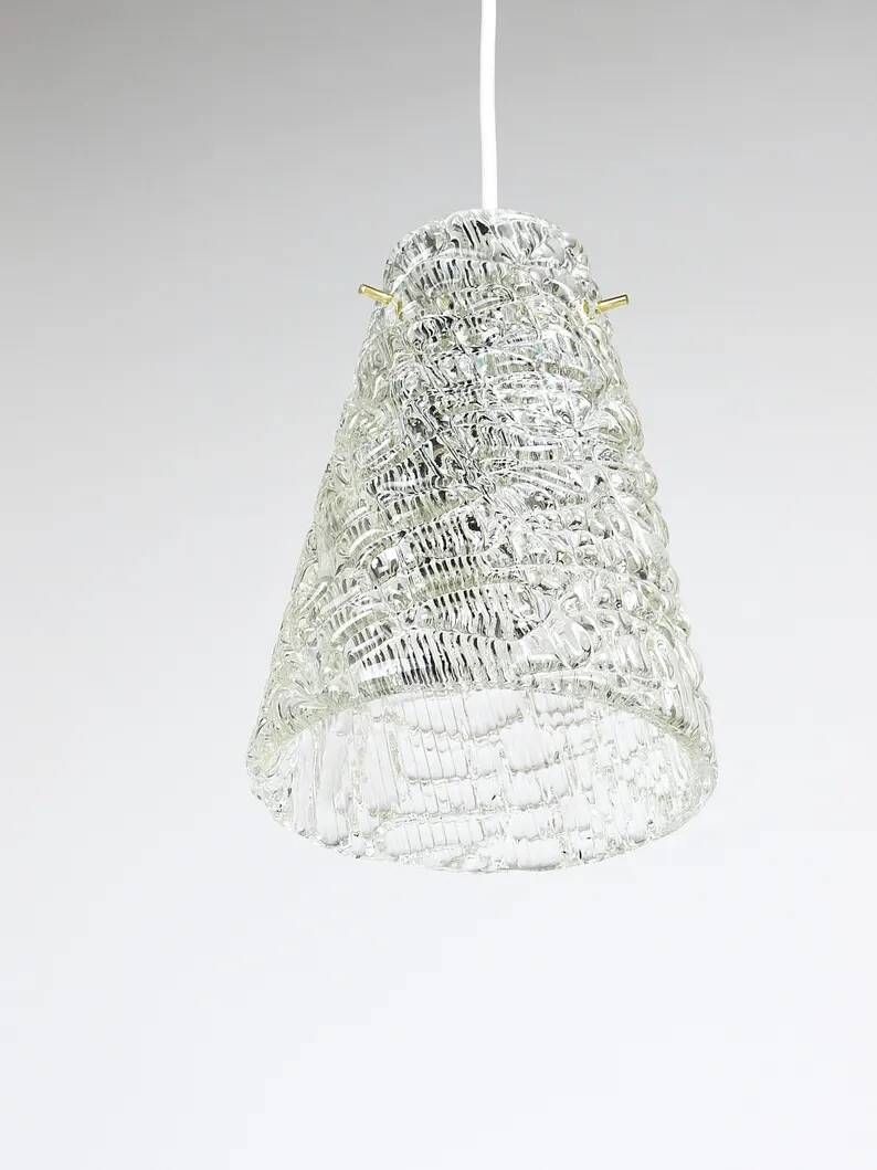 J.T. Kalmar Mid-Century Textured Glass & Brass Pendant Lamp, Austria, 1950s