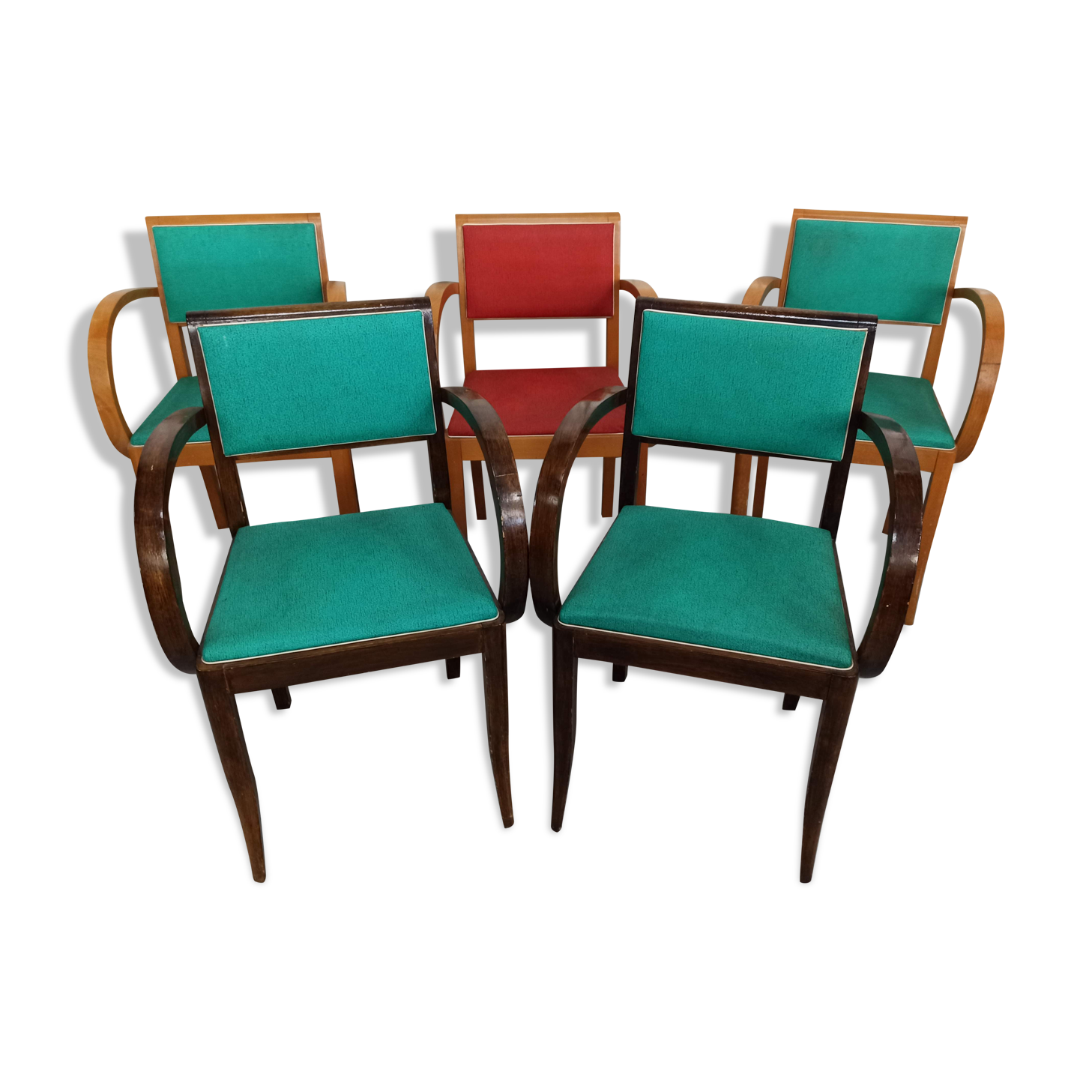 Lot 5 armchairs bridge skai and wood - red green