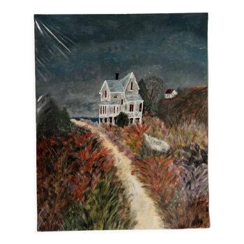 Painting of house by the sea, handmade, on thick paper