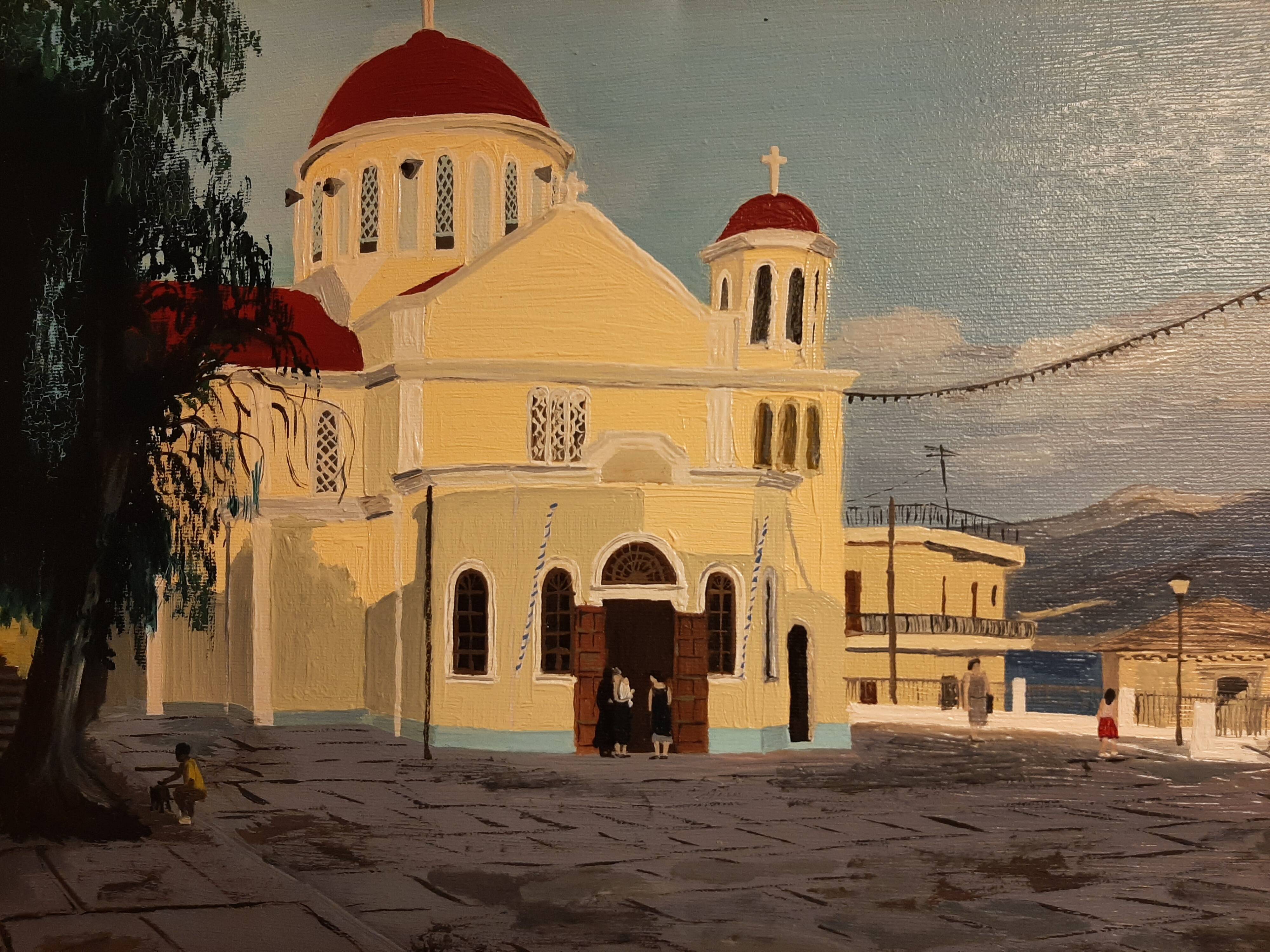 Huile sur toile représentant l'église orthodoxe de Sitia en Crête