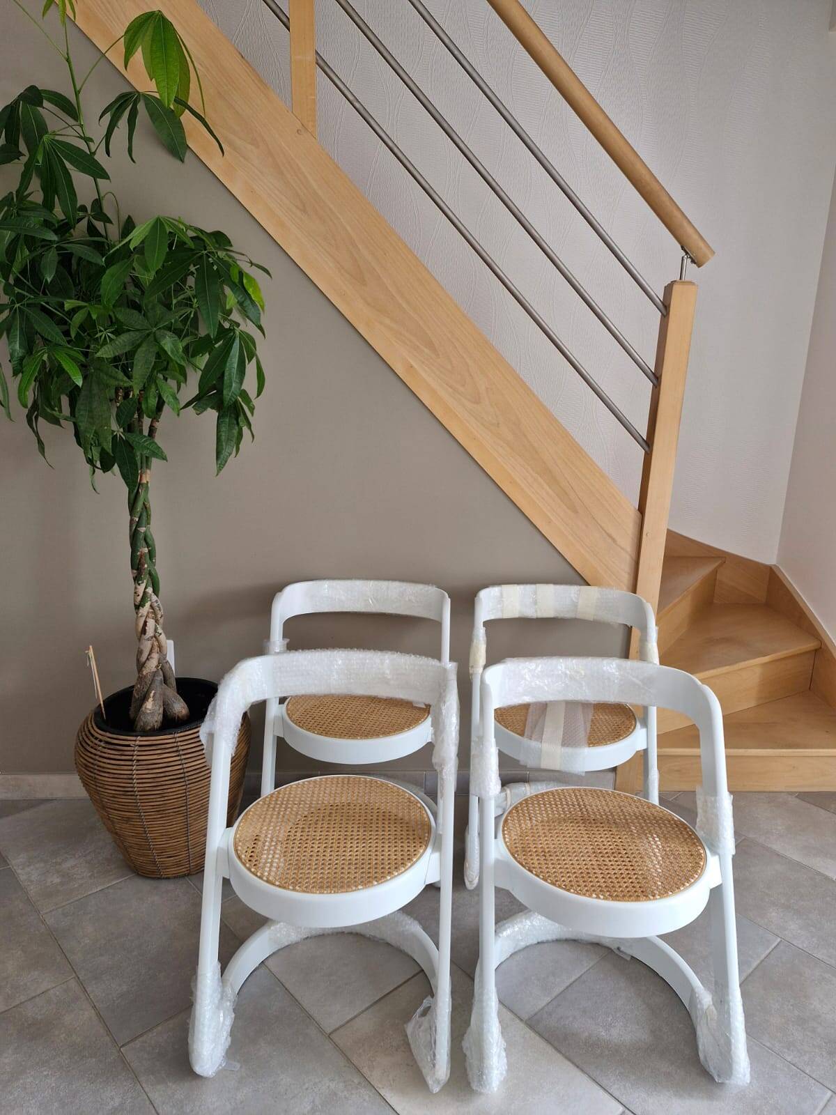 Set of 4 cantilever chairs in curved wood and caning — Italian design year