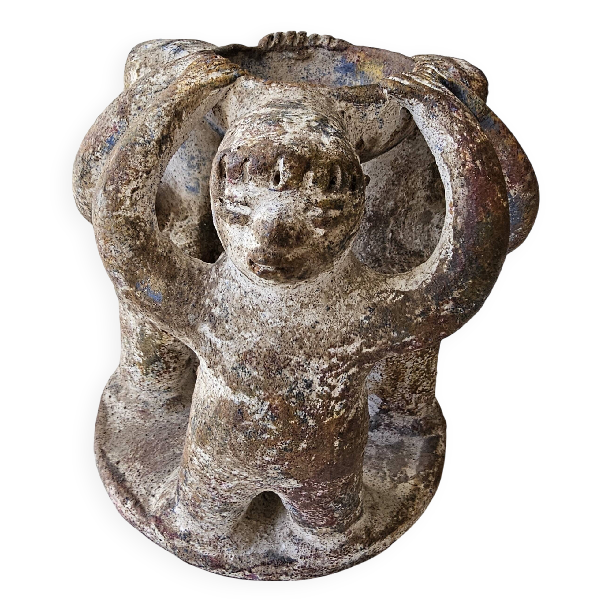 Terracotta Candle Holder Dancing 3 Aztec Characters - Tribal Art