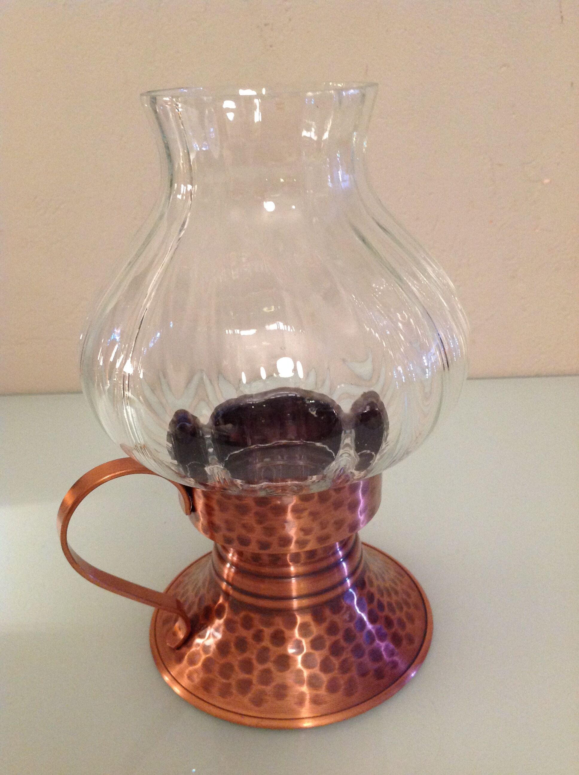 Hammered red copper candle holder and glass/vintage 60s/70s