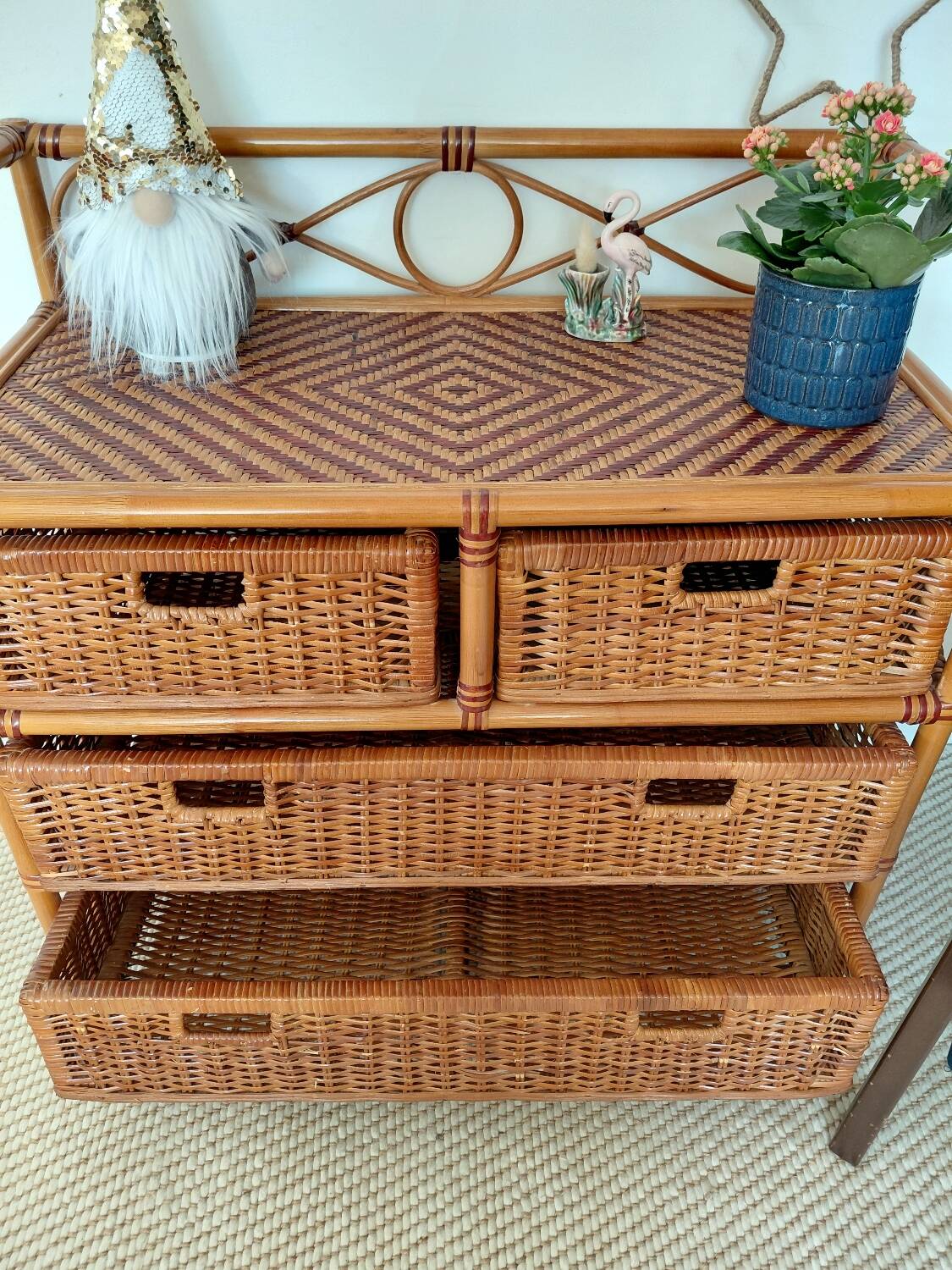 Commode vintage en rotin 4 tiroirs-esprit bohème-bord de mer