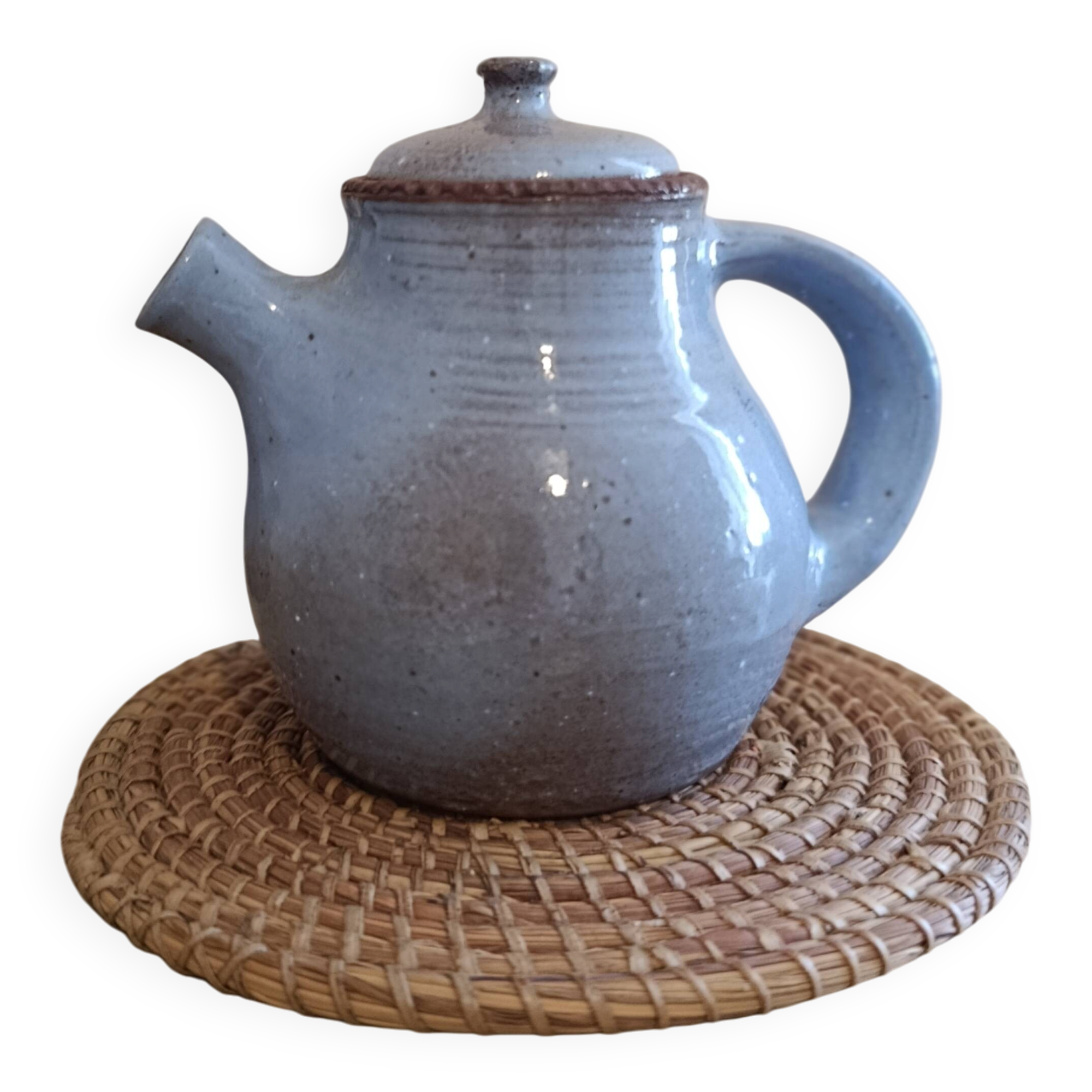 Ceramic teapot in blue/grey glaze, signed by Jeanne and Norbert Pierlot.