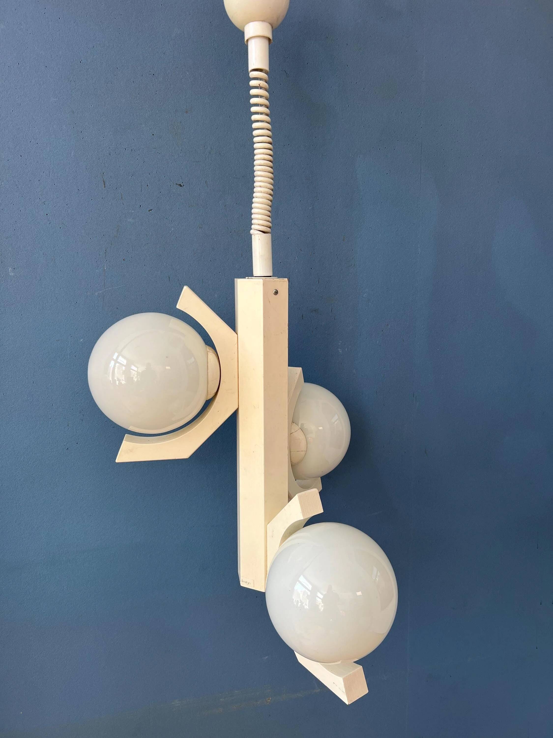 Mid-century white suspension with a bony design and opaline glass shade.
