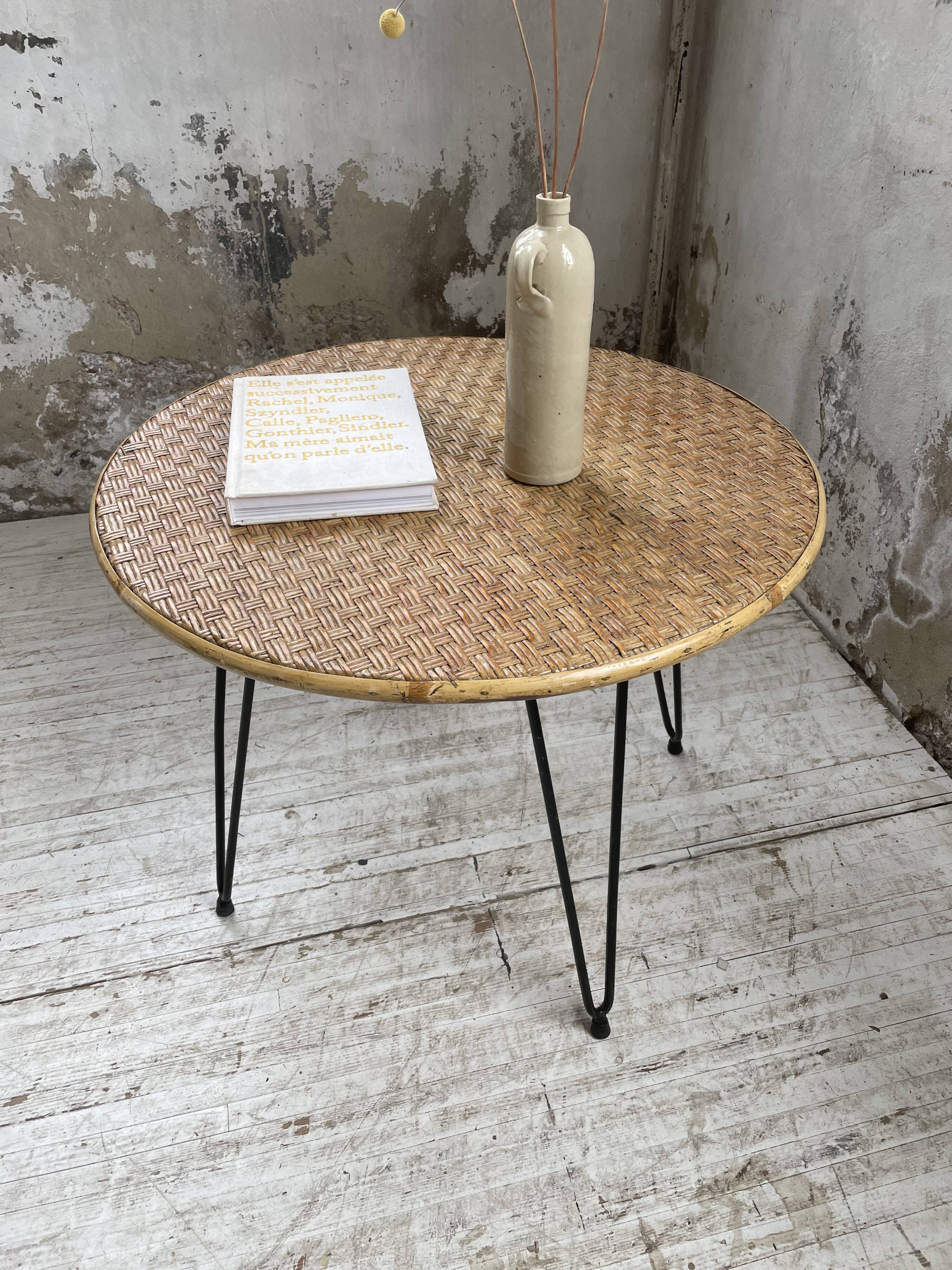 Wicker and metal coffee table from the 1950s