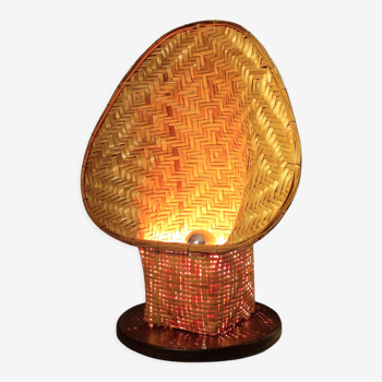 Lampe forme organique en rotin et bois 1970s