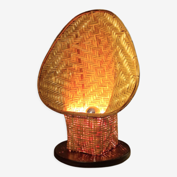 Organic form lamp in rattan and wood 1970s