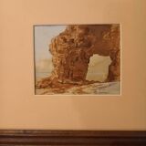 Tableau ancien, aquarelle représentant une falaise en bord de mer
