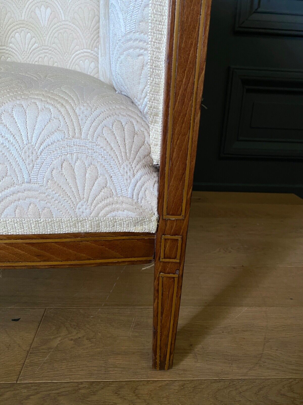 Armchair art deco 1930 marquetry fabric white cream foliage decoration