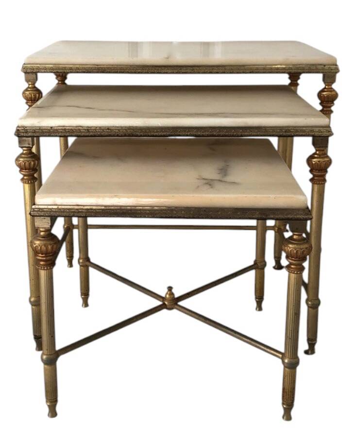 3 brass and marble nesting tables 1950