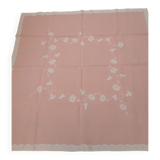 Old square rose tablecloth with 8 towels, handmade