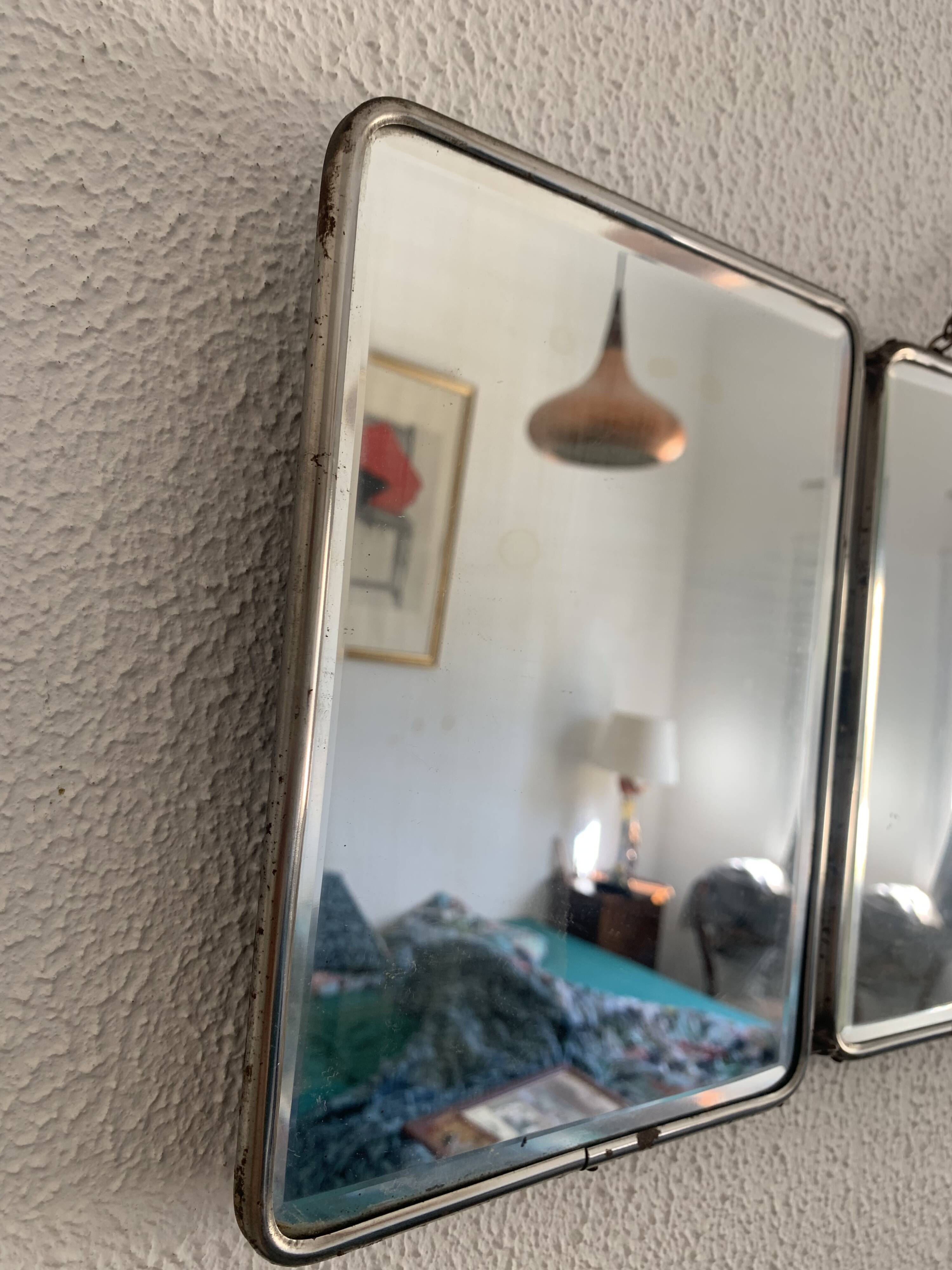 Miroir vintage 1950 triptyque barbier biseauté canard - 24 x 58 cm