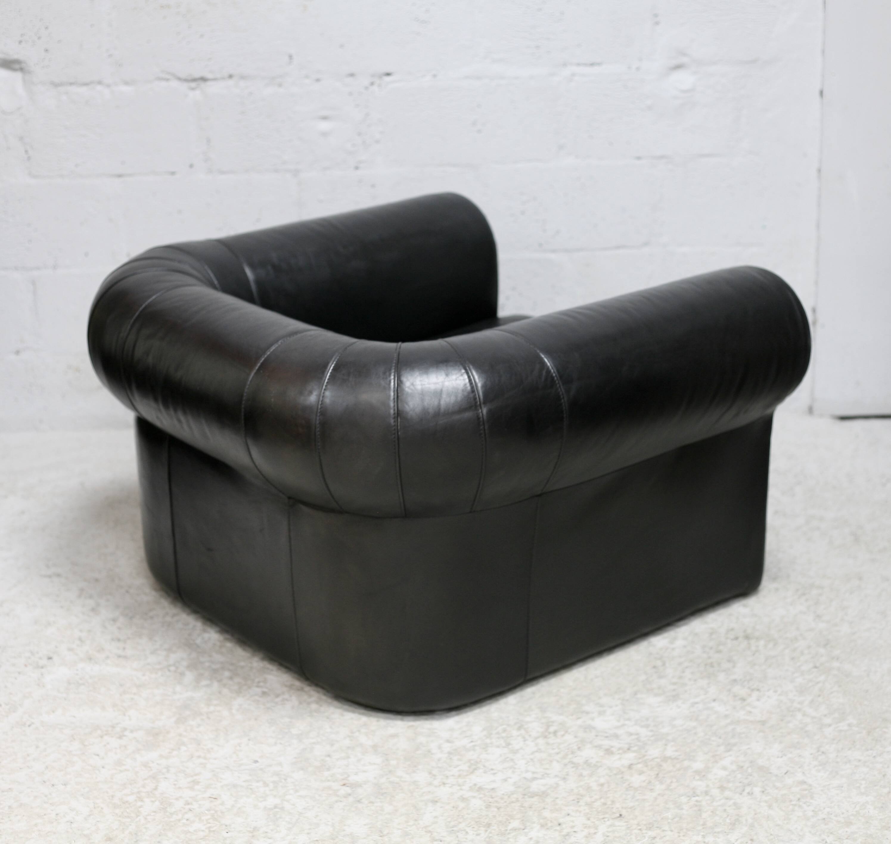 Large black leather armchair, France, 1980s