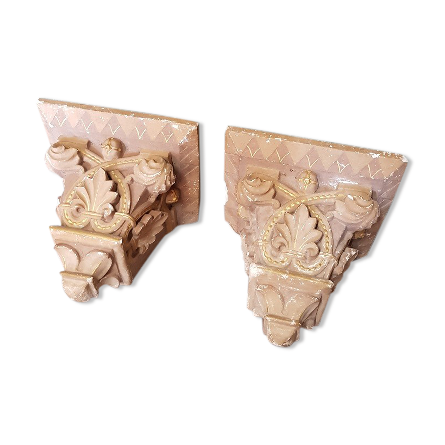 Early 20th Century French Plaster Wall Consoles In A Church Architectural Style