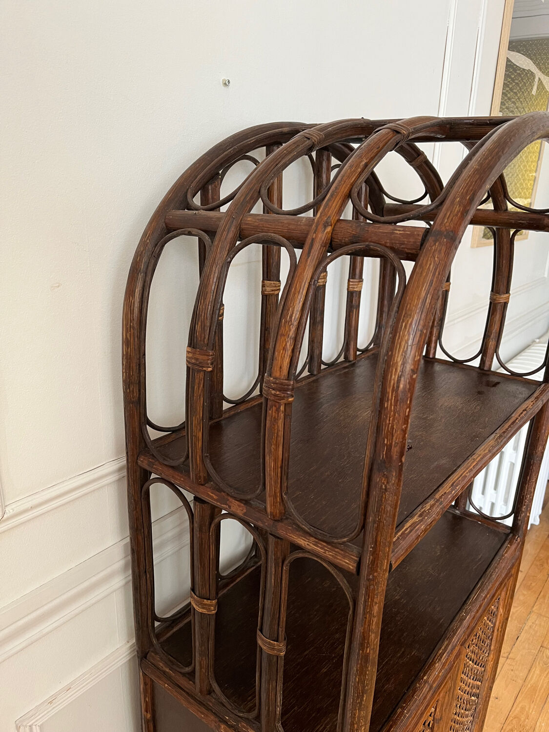 Vintage rattan and caning shelf bookcase