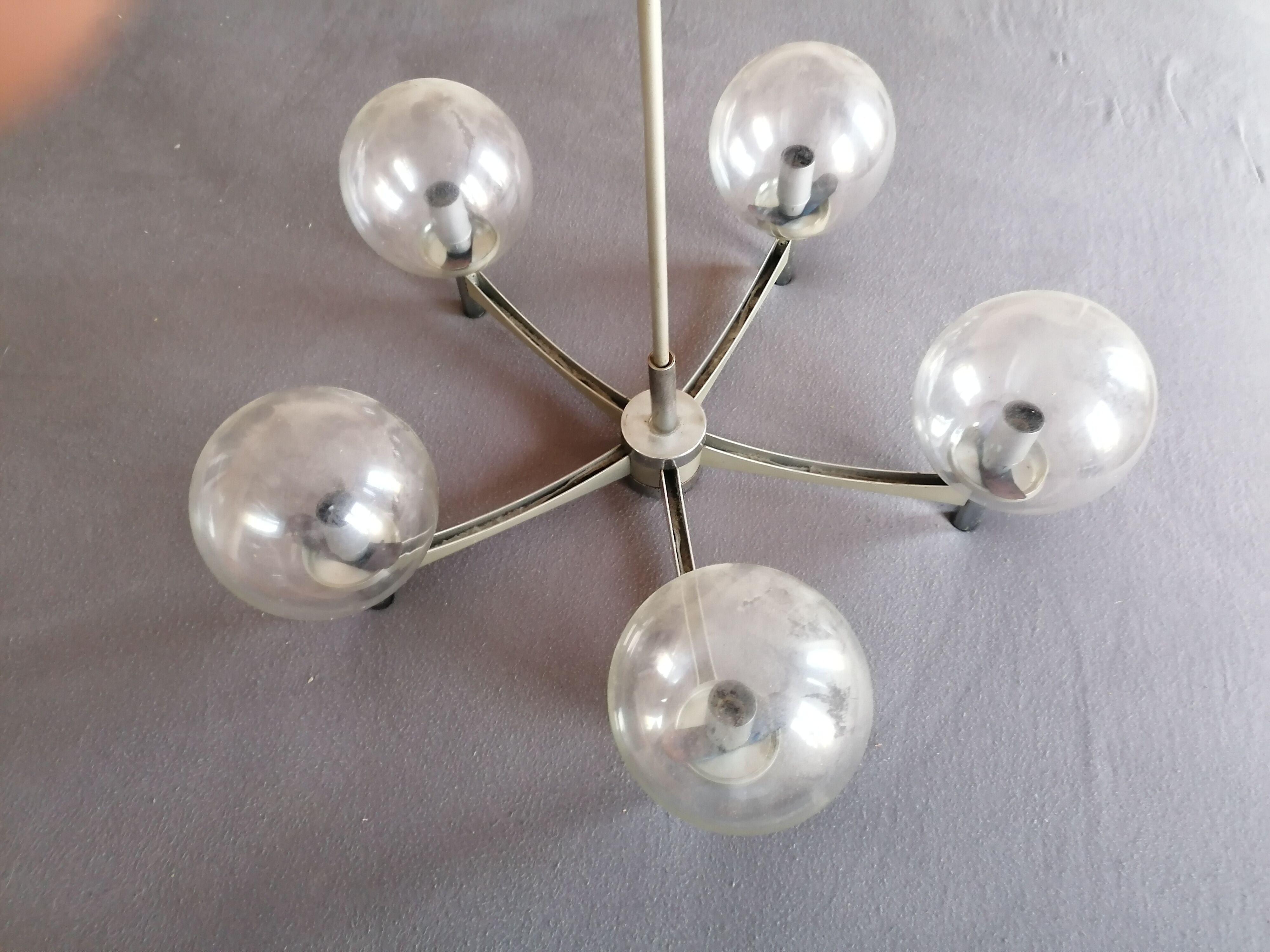 Chrome metal chandelier 5 branches vintage glass globes 60 70