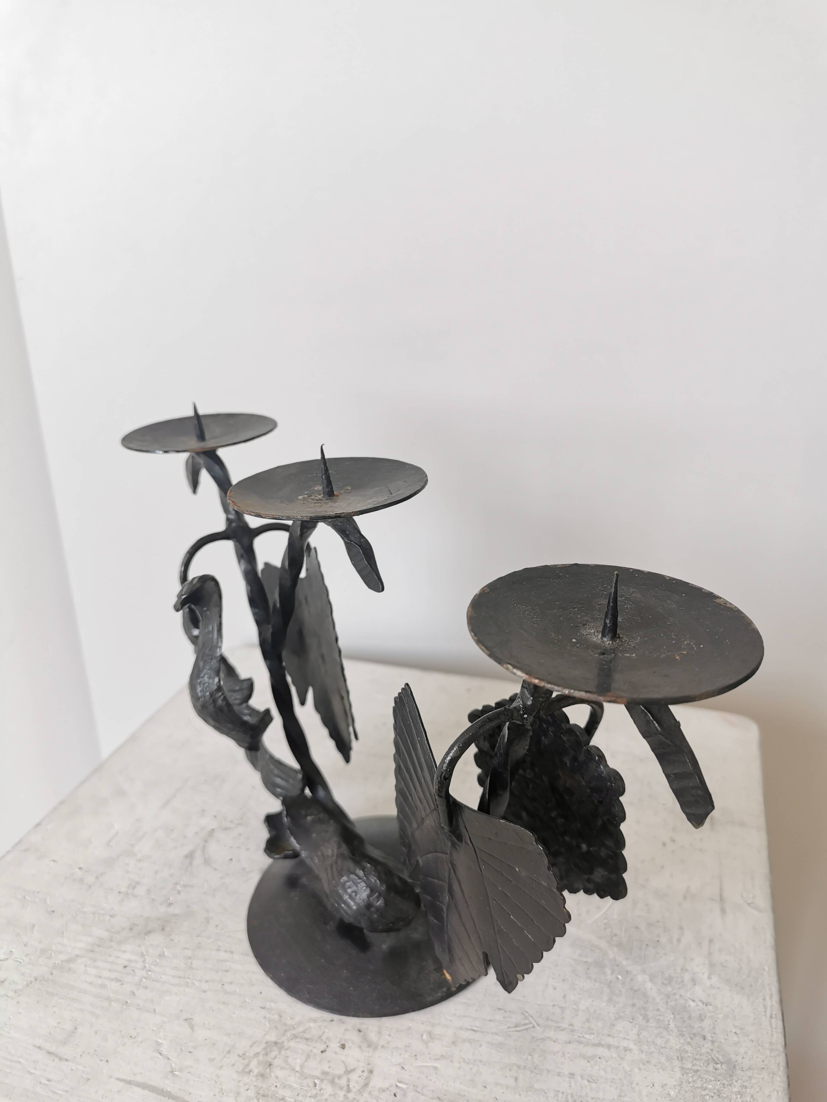 Vintage Forged Iron Grape Leaves Candlestick - Yugoslavia Mid-Century Decor