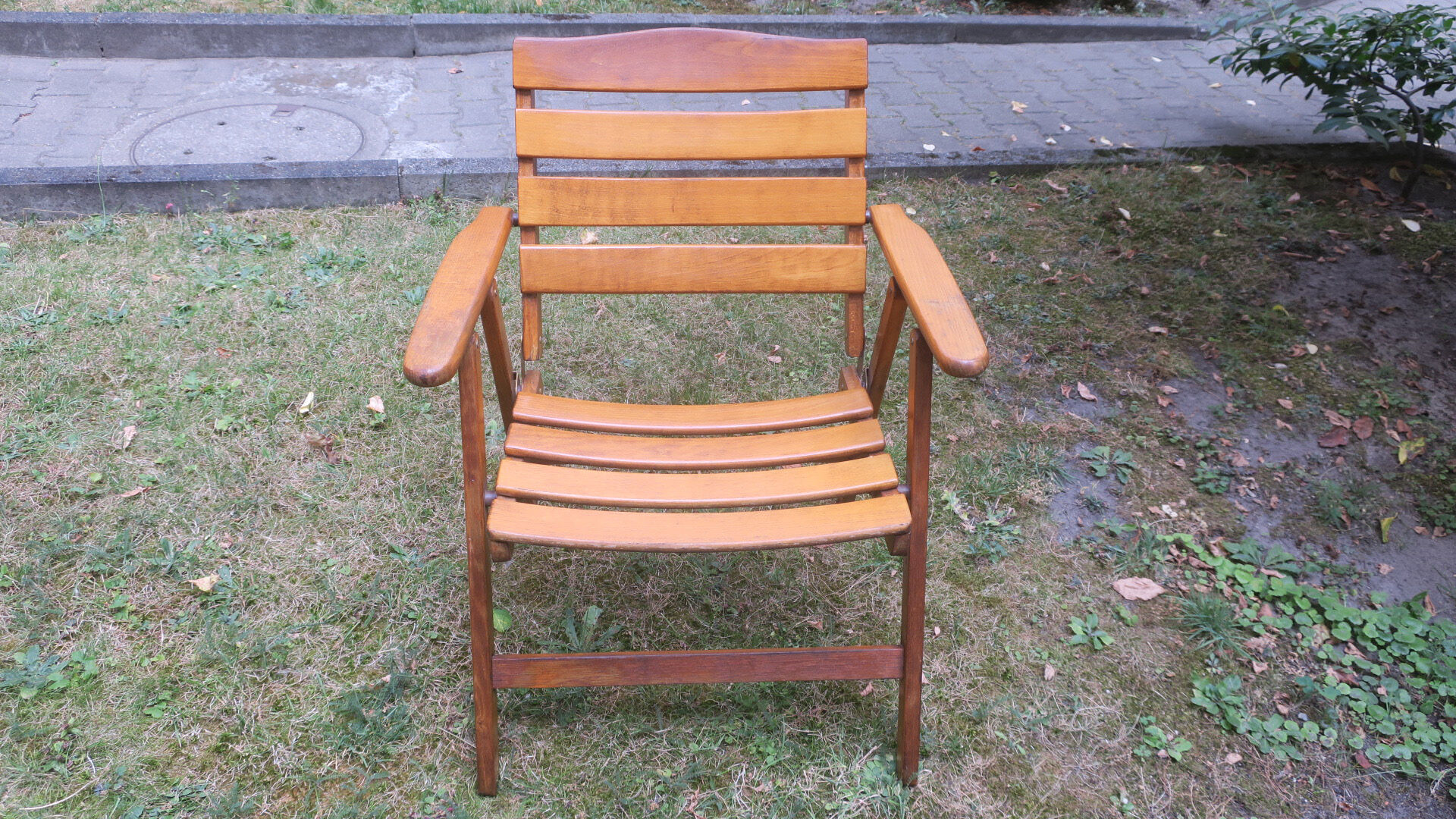 Mid century patinated wood folding garden or patio elbow chair, 1960s