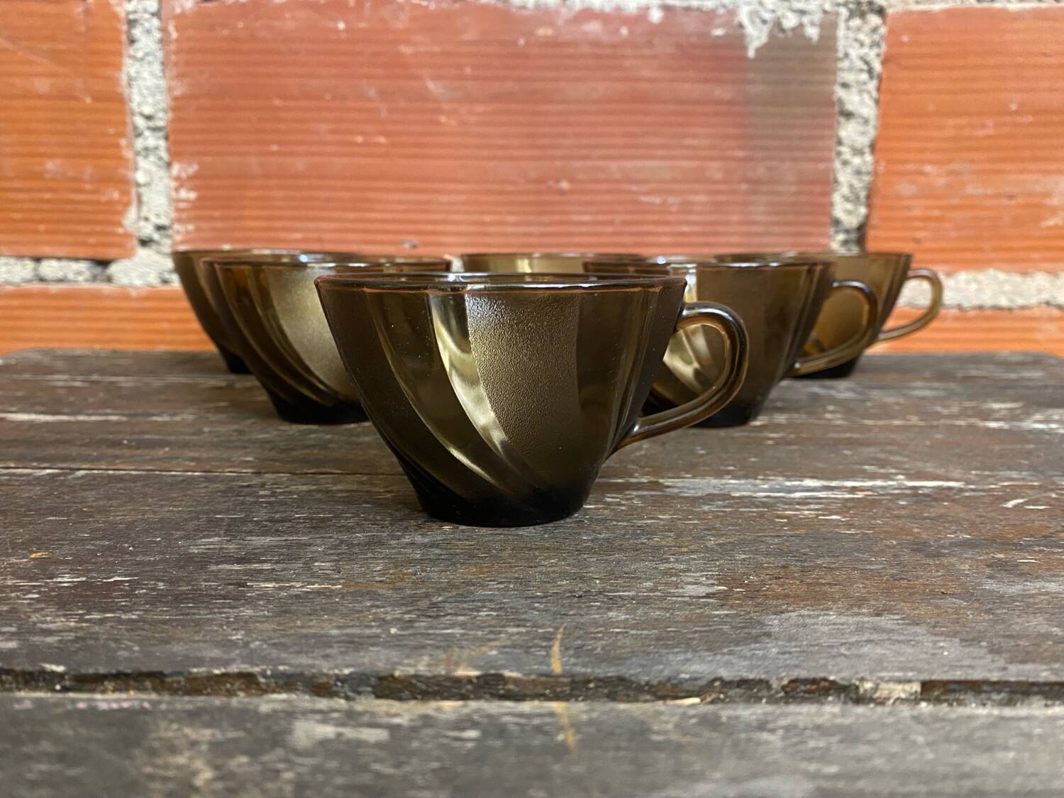 Set of 6 vintage Duralex molded smoked glass cups, art deco style