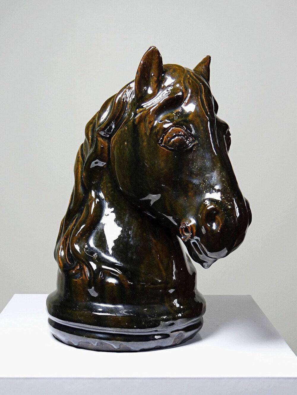 Vintage 1980s glazed terracotta chess knight or horse head.