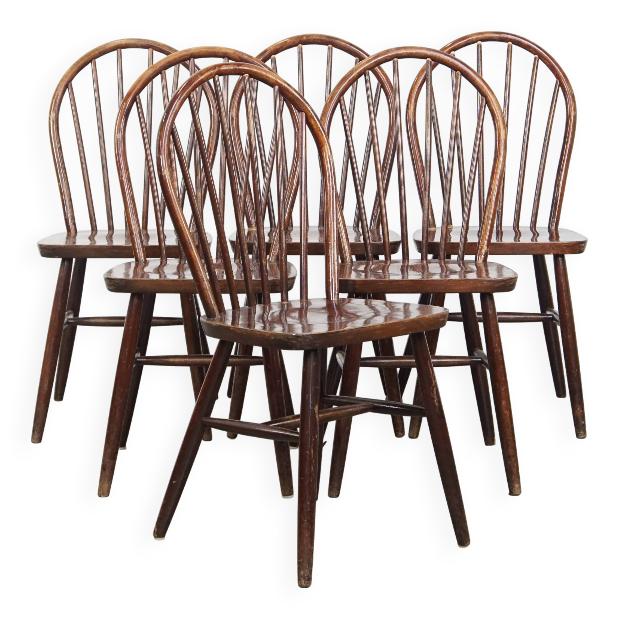 Set of 6 Vintage Wooden Windsor Spindle Chairs