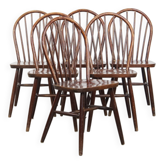 Ensemble de 6 chaises Windsor vintage en bois à fuseaux