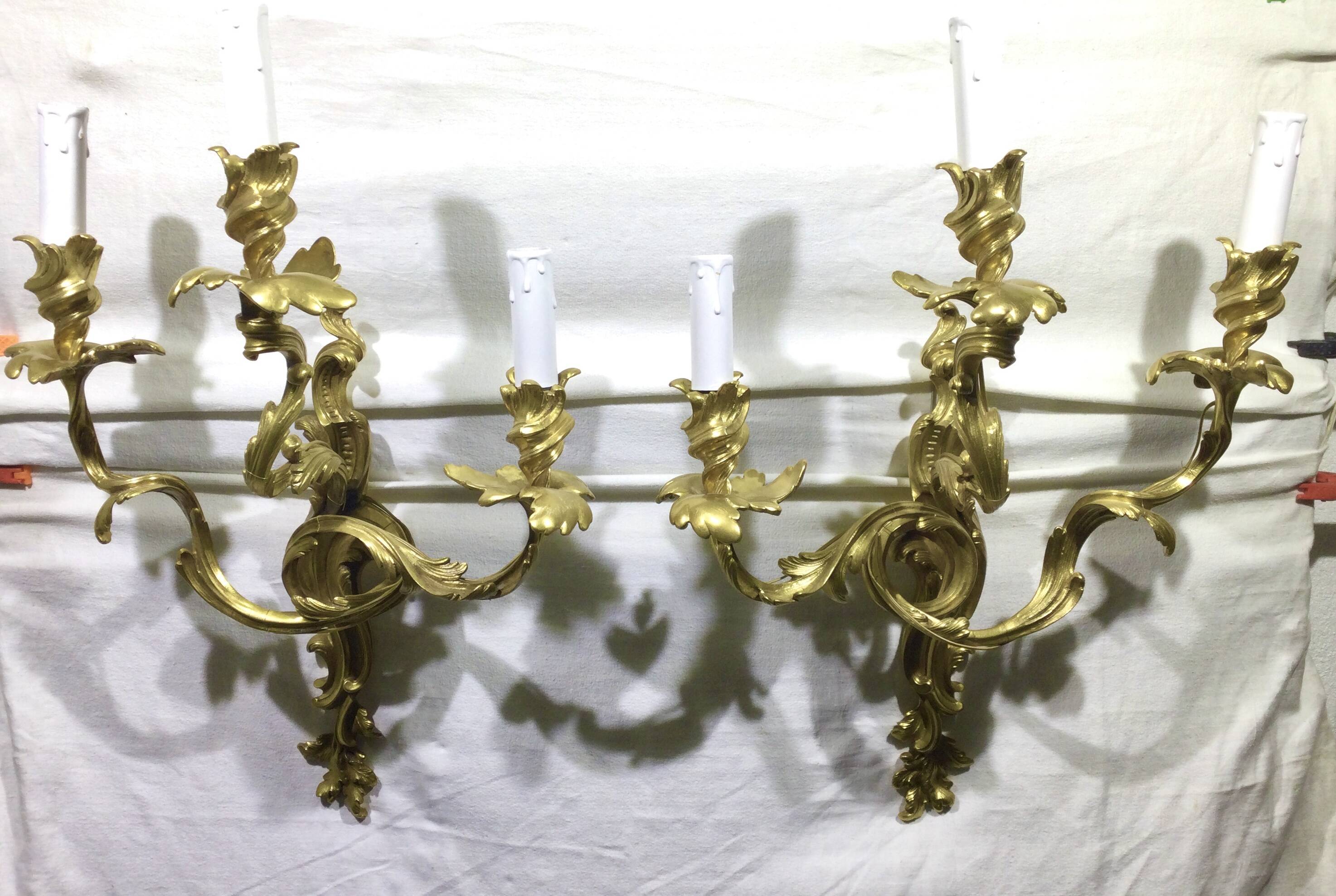 Pair of sconces Bronze 3 lights Louis XV