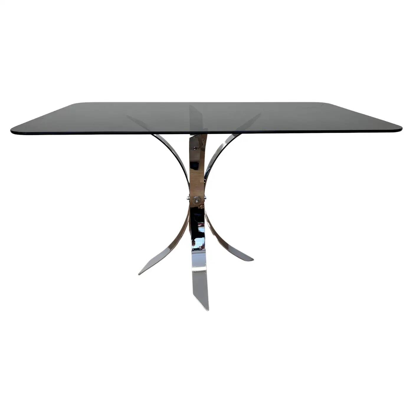 1970s Mid-century steel chrome and smoked glass dining table